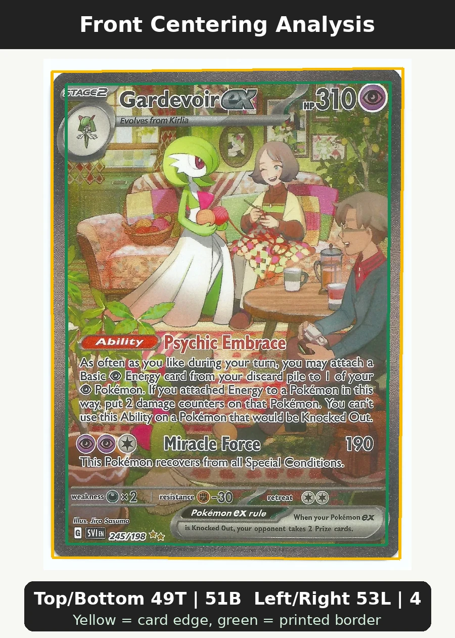 Gardevoir ex 245/198 Scarlet & Violet front centering analysis showing Top/Bottom 49T | 51B and Left/Right 53L | 47R.