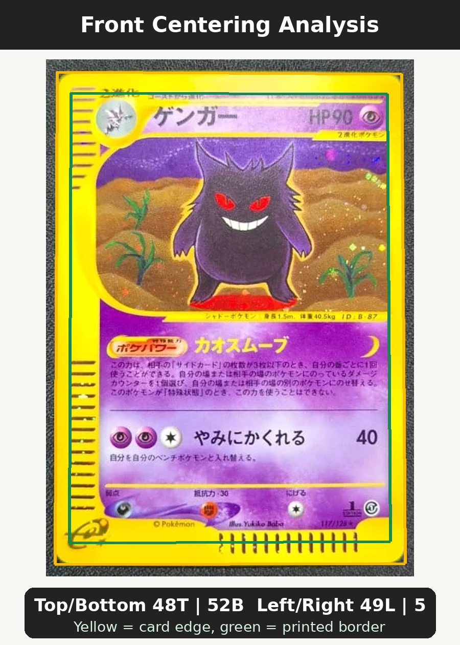 Gengar 117/128 Base Expansion Pack front centering analysis showing Top/Bottom 48T | 52B and Left/Right 49L | 51R.