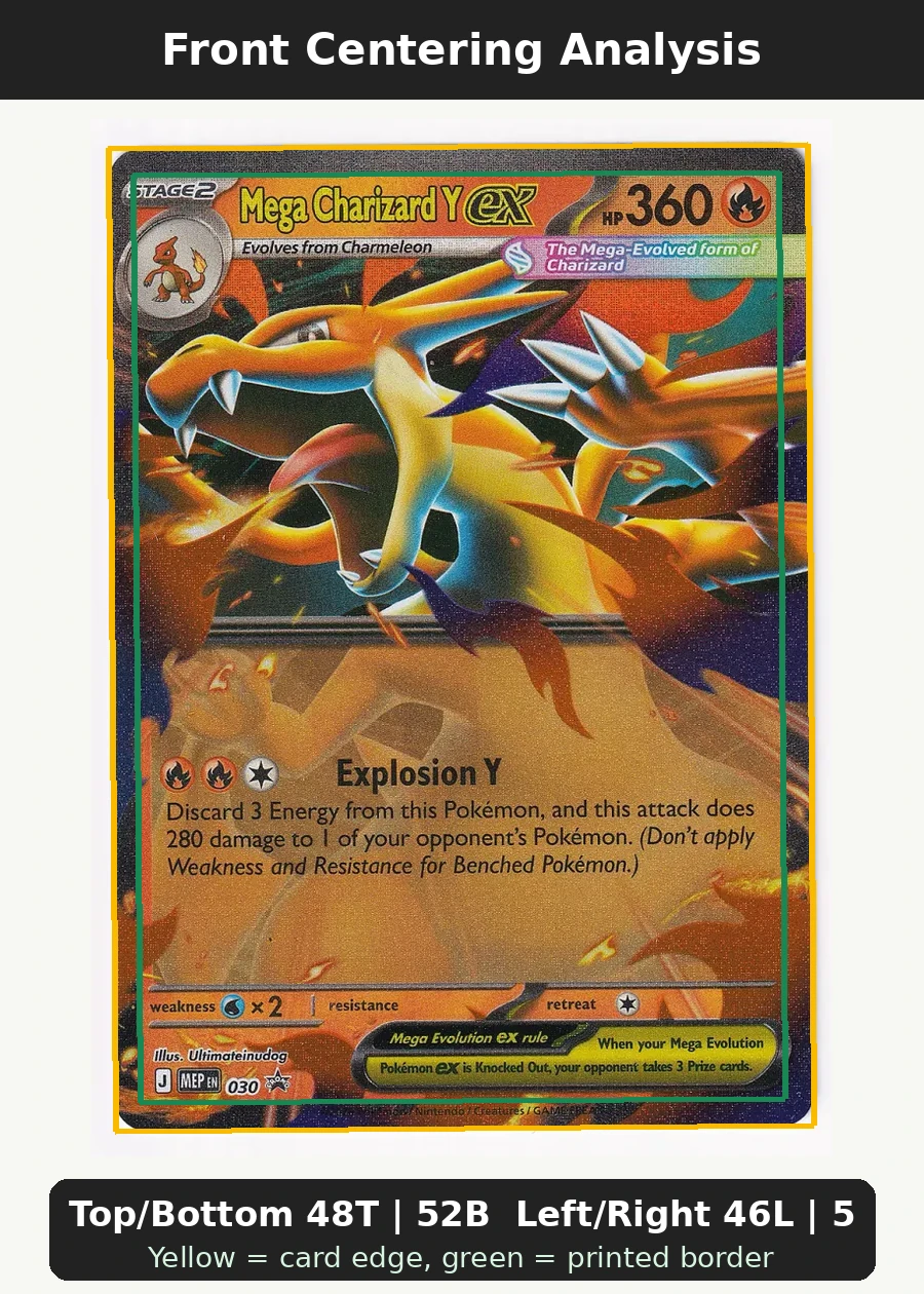 Mega Charizard Y ex 030 MEP Black Star Promos front centering analysis showing Top/Bottom 48T | 52B and Left/Right 46L | 54R.