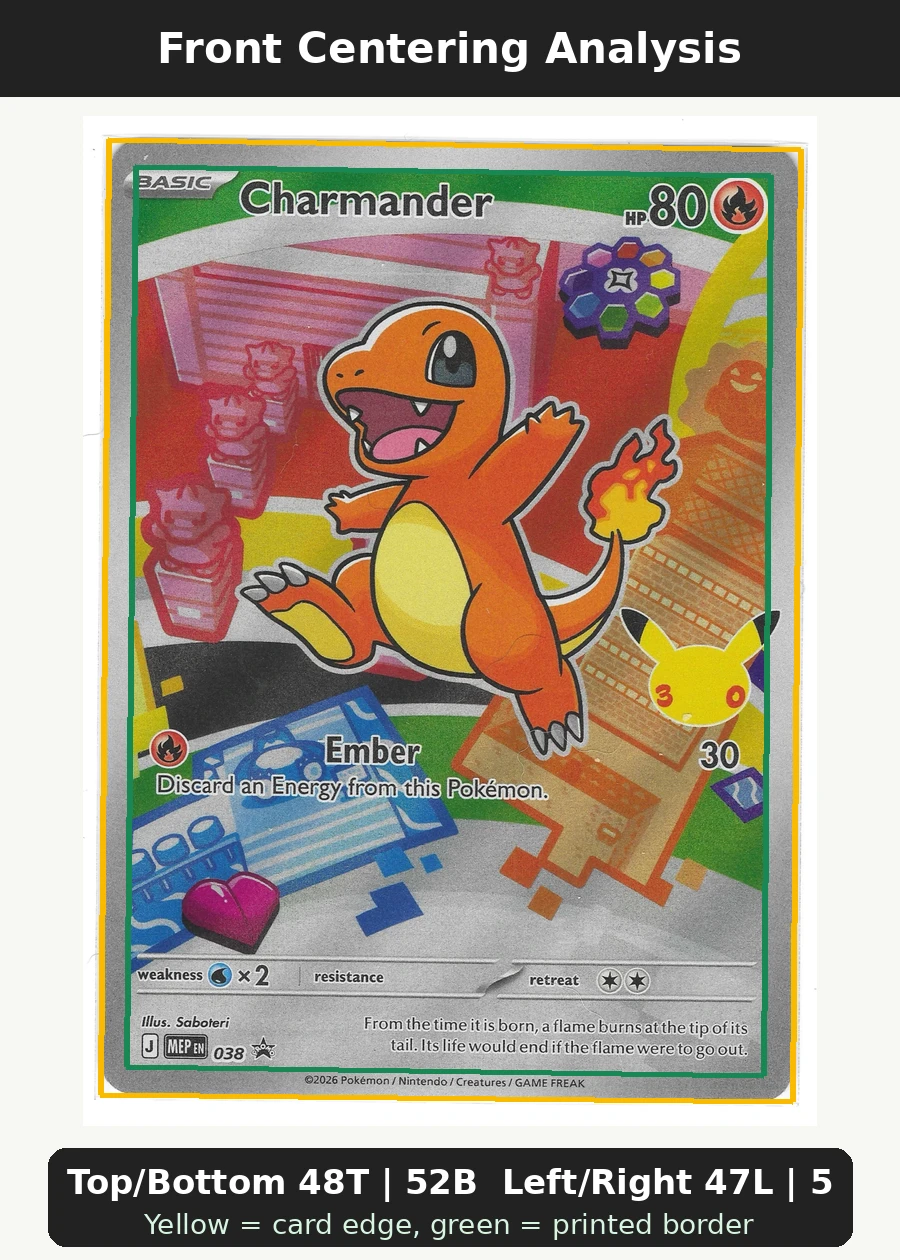 Charmander 038 MEP Black Star Promos front centering analysis showing Top/Bottom 48T | 52B and Left/Right 47L | 53R.