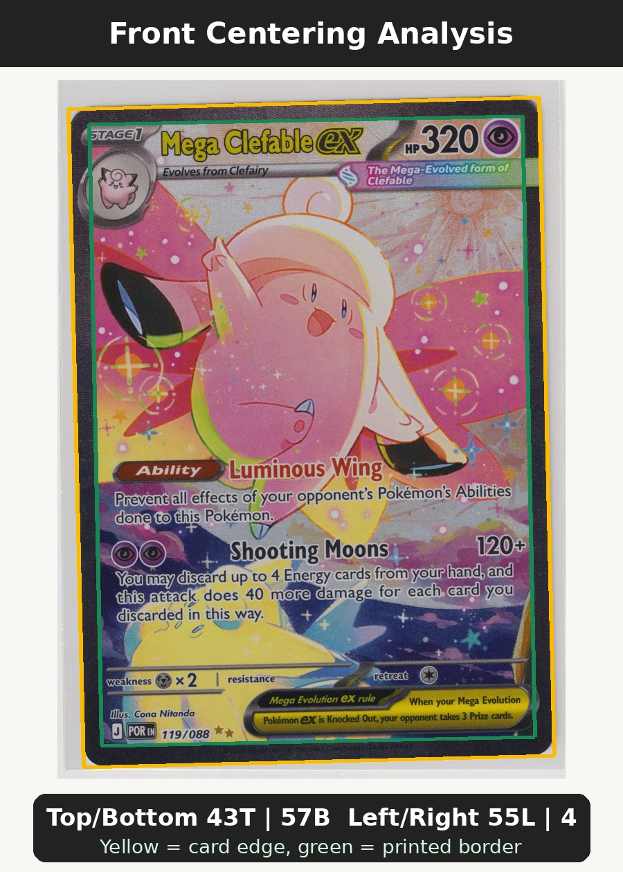 Mega Clefable ex 119/88 Perfect Order front centering analysis showing Top/Bottom 43T | 57B and Left/Right 55L | 45R.