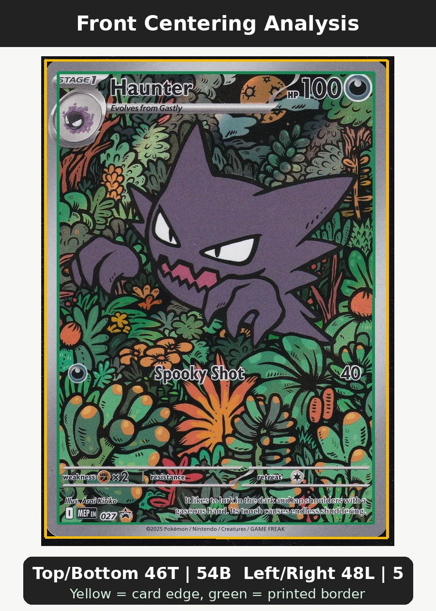 Haunter 027 MEP Black Star Promos front centering analysis showing Top/Bottom 46T | 54B and Left/Right 48L | 52R.