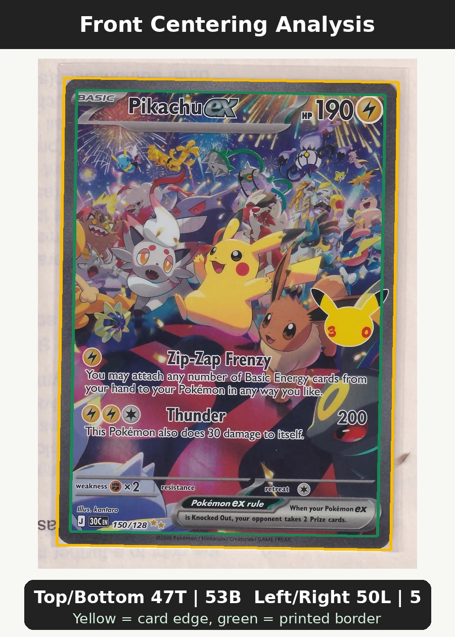 Pikachu ex 150/128 30th Celebration front centering analysis showing Top/Bottom 47T | 53B and Left/Right 50L | 50R.