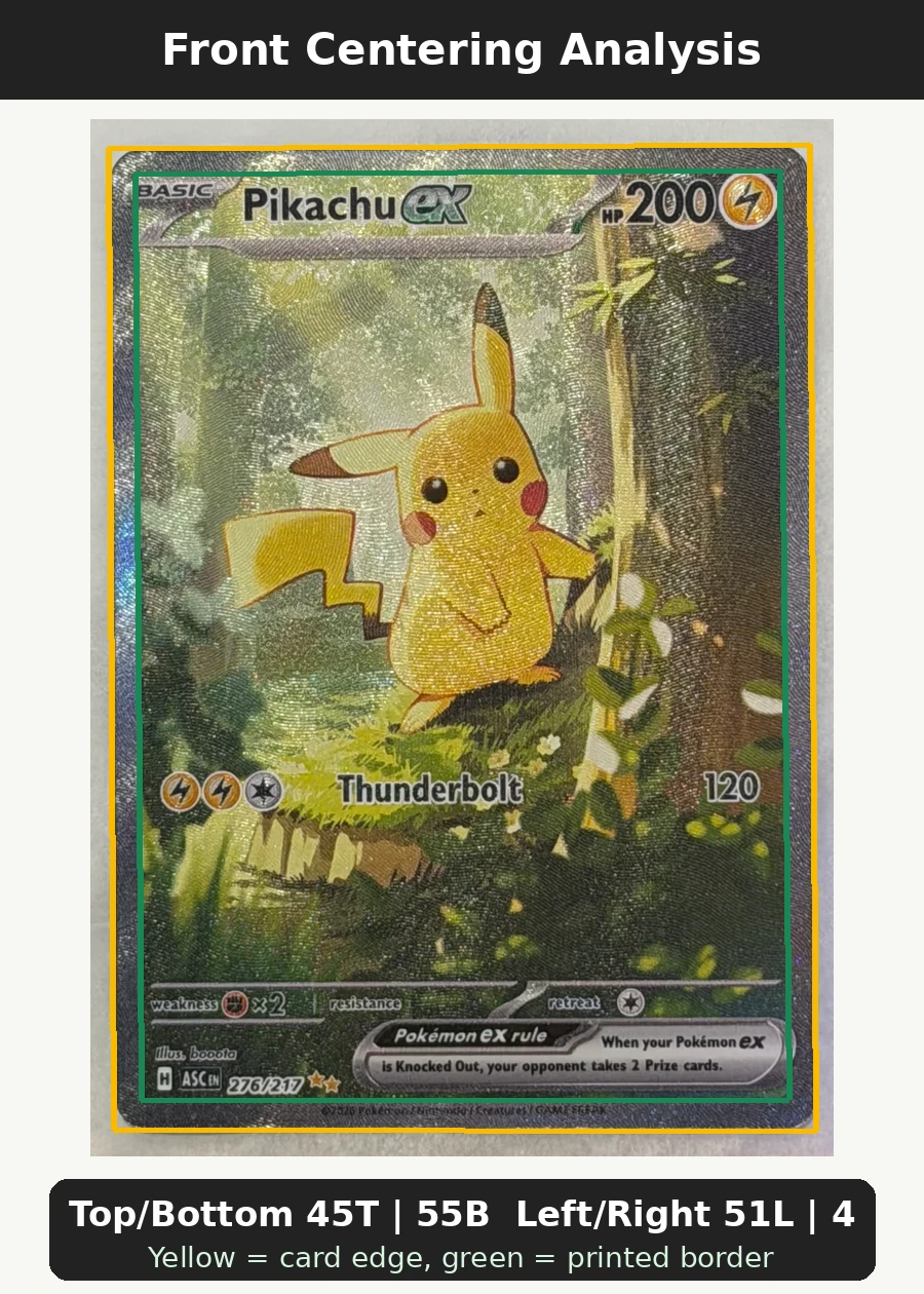 Pikachu ex 276/217 Ascended Heroes front centering analysis showing Top/Bottom 45T | 55B and Left/Right 51L | 49R.