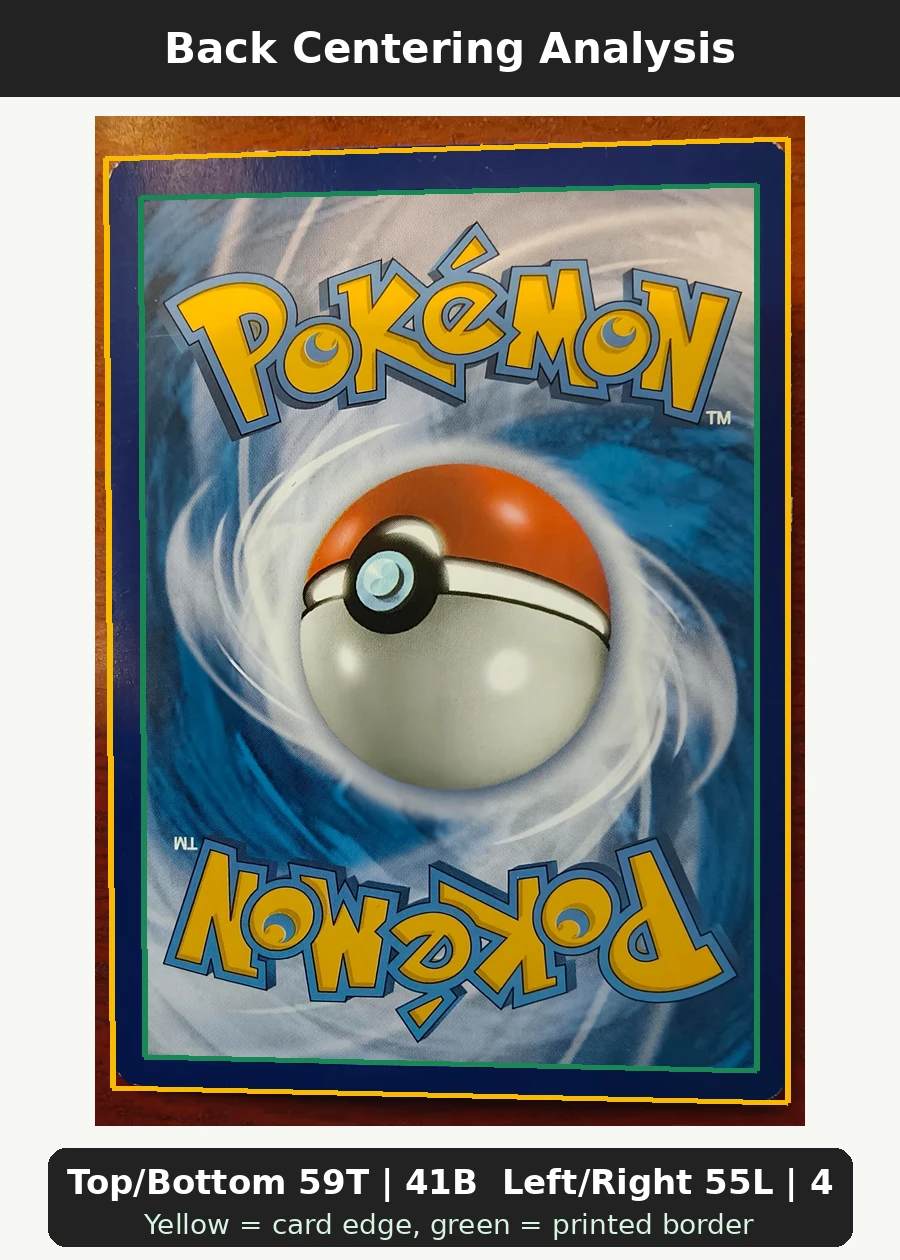 Psyduck 002/12 McDonald's Collection 2018 back centering analysis showing Top/Bottom 59T | 41B and Left/Right 55L | 45R.