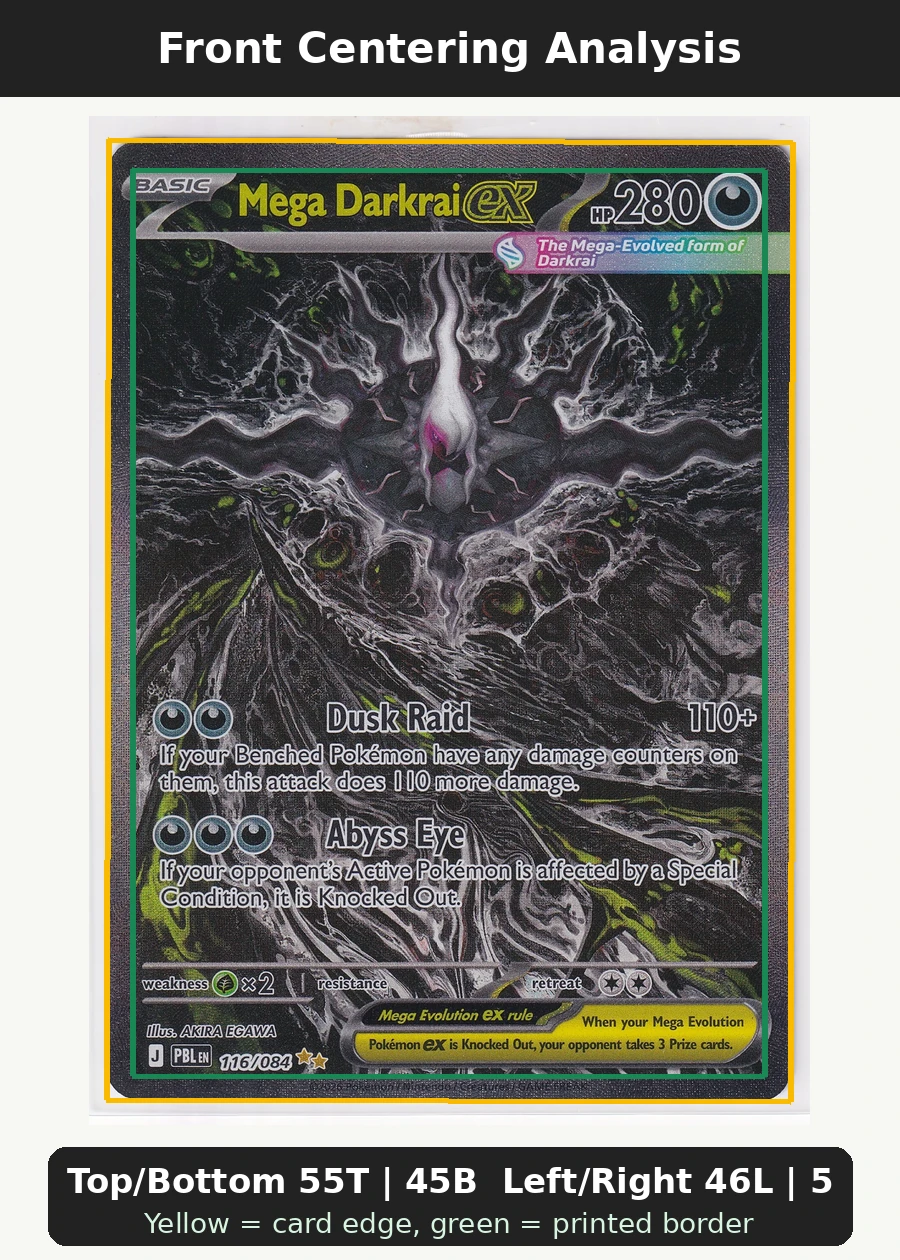 Mega Darkrai ex 116/84 Pitch Black front centering analysis showing Top/Bottom 55T | 45B and Left/Right 46L | 54R.