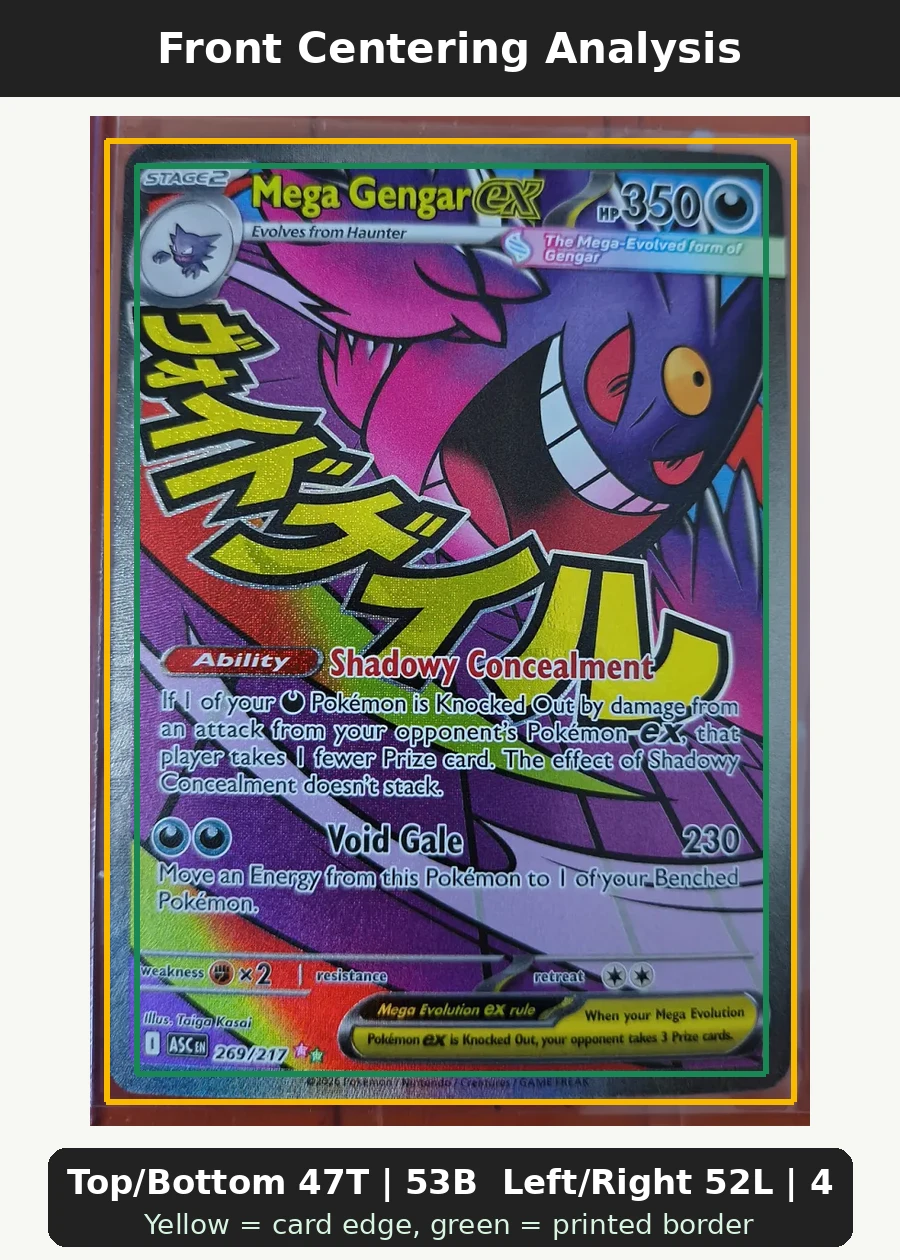 Mega Gengar ex 269/217 Ascended Heroes front centering analysis showing Top/Bottom 47T | 53B and Left/Right 52L | 48R.