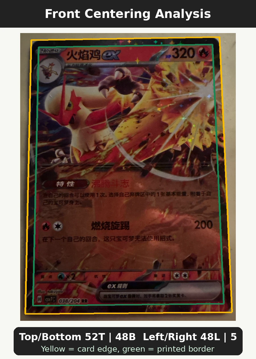 Blaziken ex 024/159 Journey Together front centering analysis showing Top/Bottom 52T | 48B and Left/Right 48L | 52R.