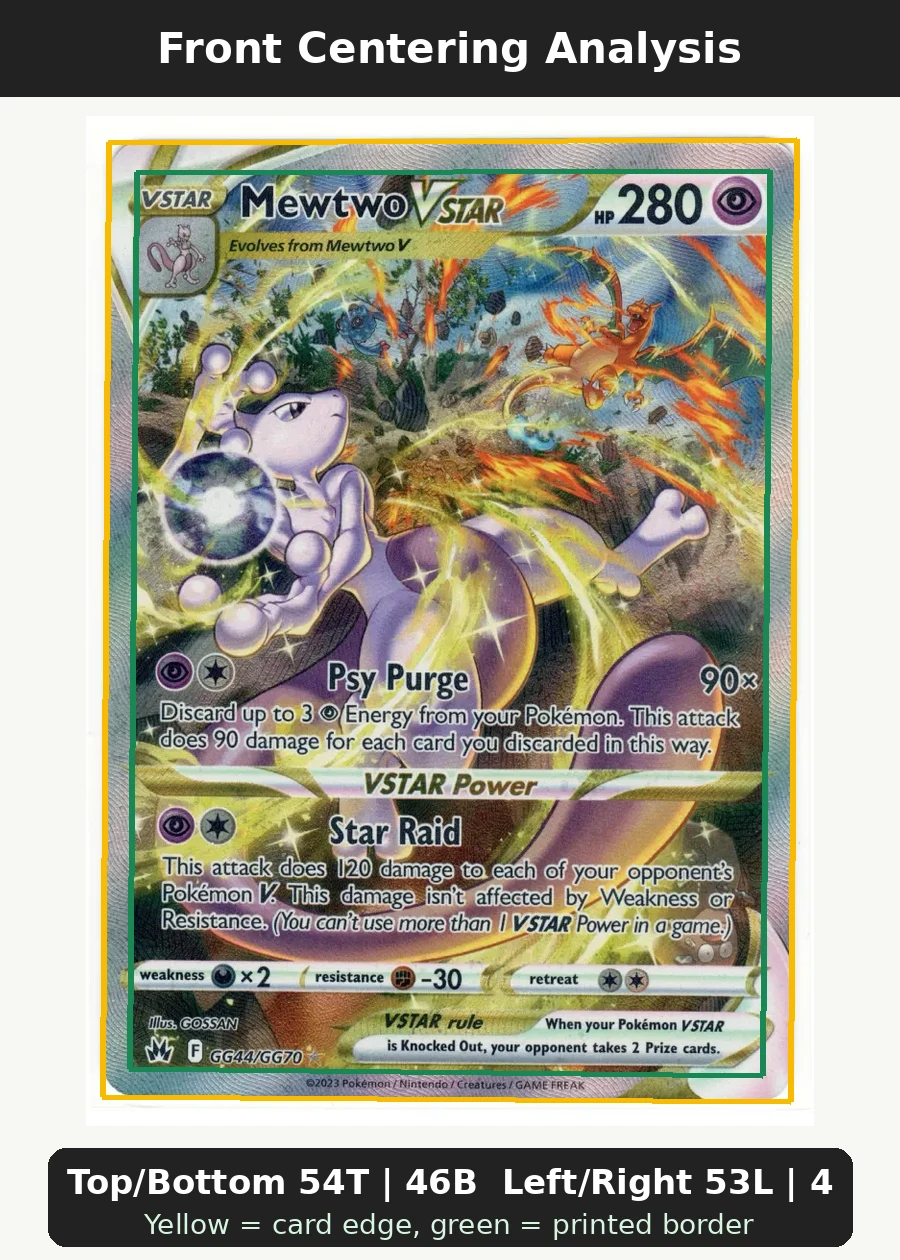 Mewtwo VSTAR GG44/159 Crown Zenith front centering analysis showing Top/Bottom 54T | 46B and Left/Right 53L | 47R.