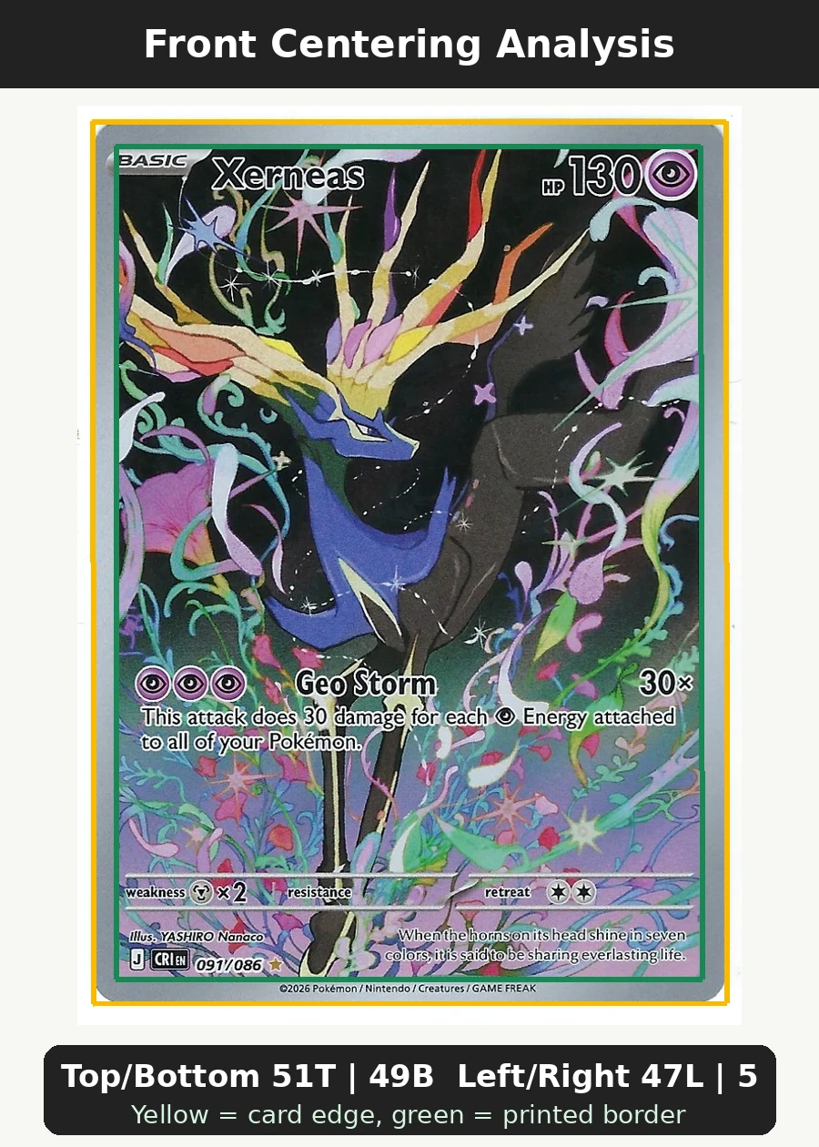 Xerneas 091/86 Chaos Rising front centering analysis showing Top/Bottom 51T | 49B and Left/Right 47L | 53R.