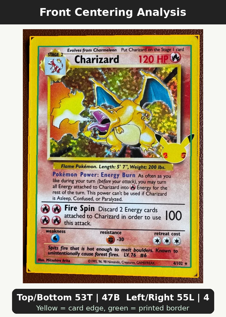 Charizard 004/102 Base Set front centering analysis showing Top/Bottom 53T | 47B and Left/Right 55L | 45R.