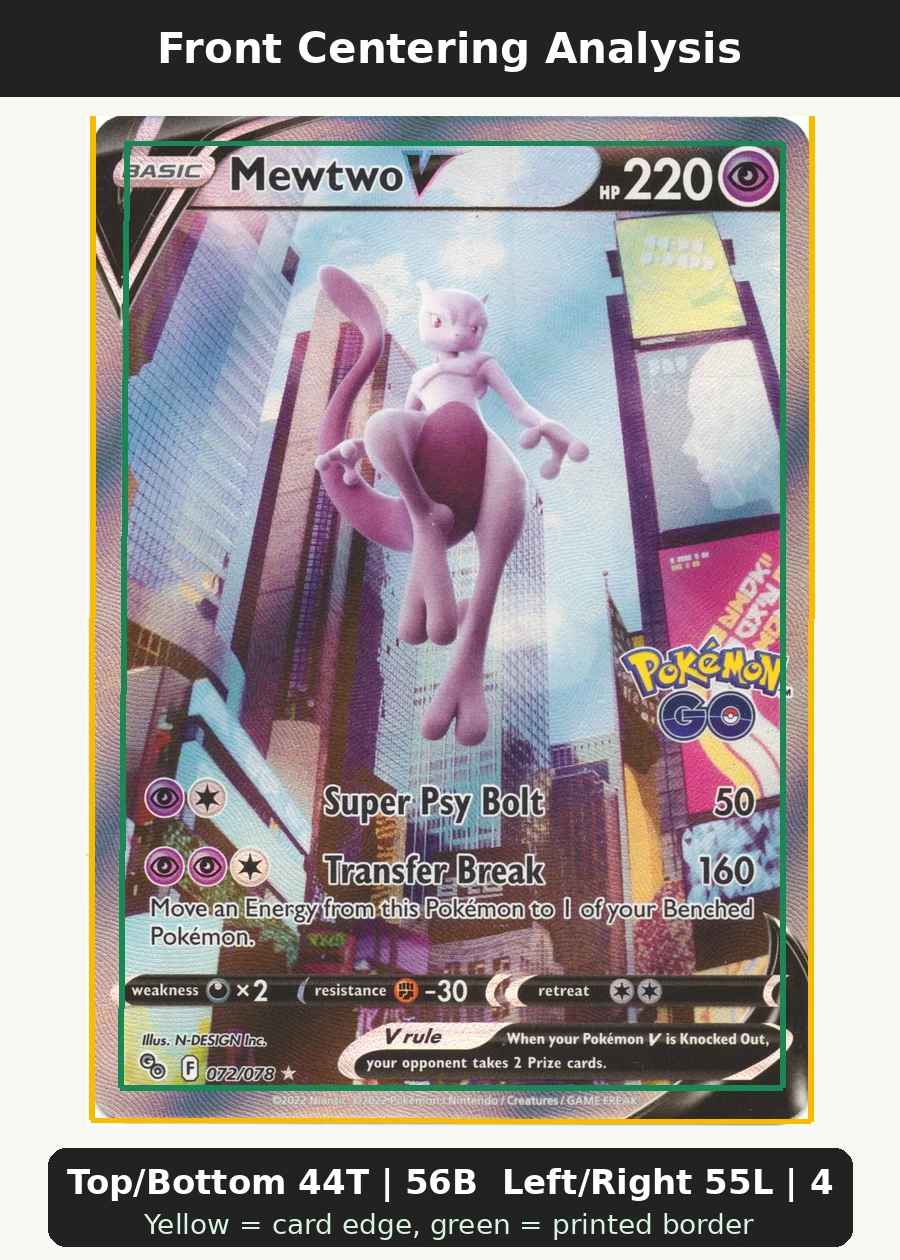 Mewtwo V 072/78 Pokémon GO front centering analysis showing Top/Bottom 44T | 56B and Left/Right 55L | 45R.