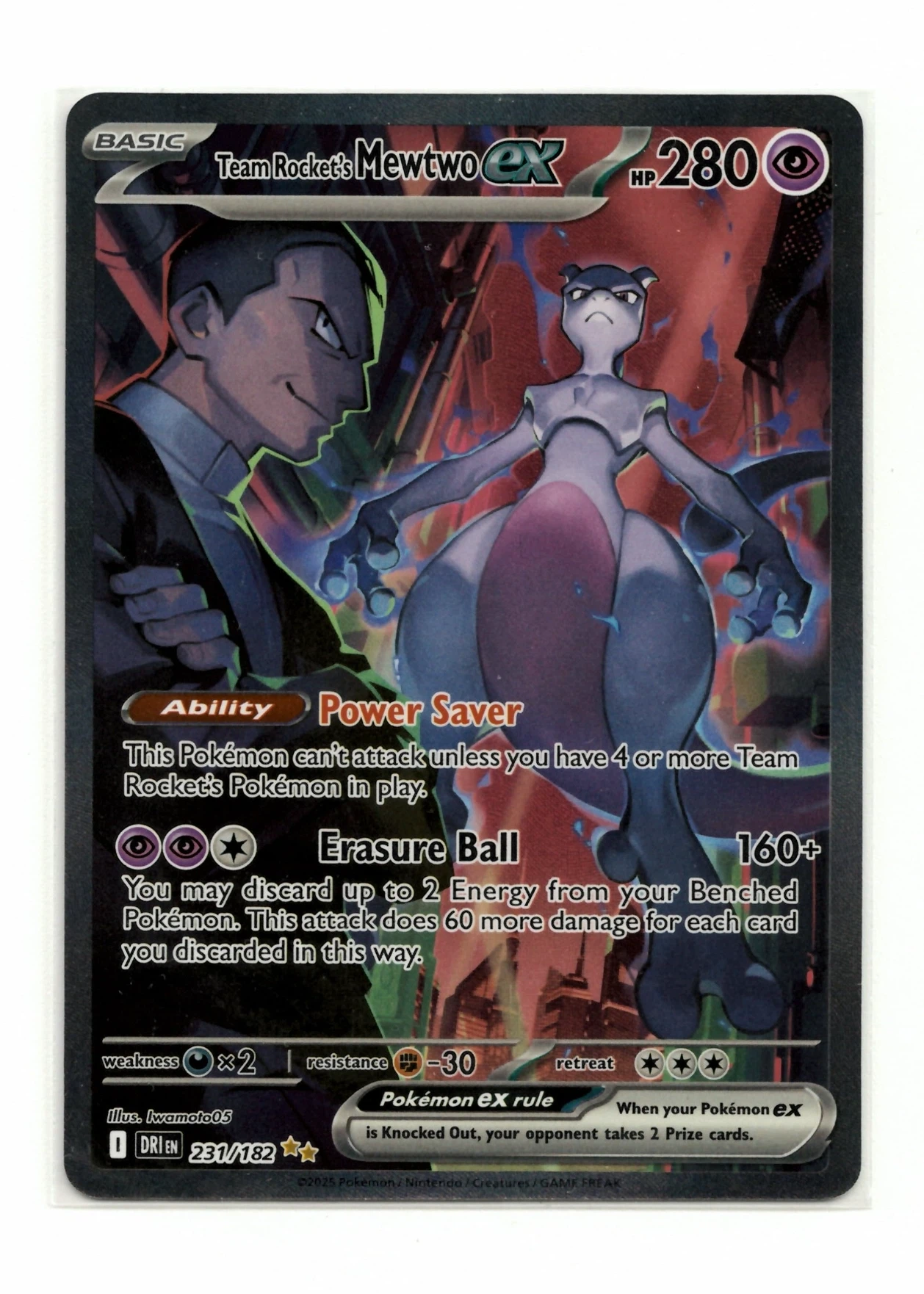 Team Rocket's Mewtwo ex 231/182 Destined Rivals front card photo in PokeToGrade pregrading report