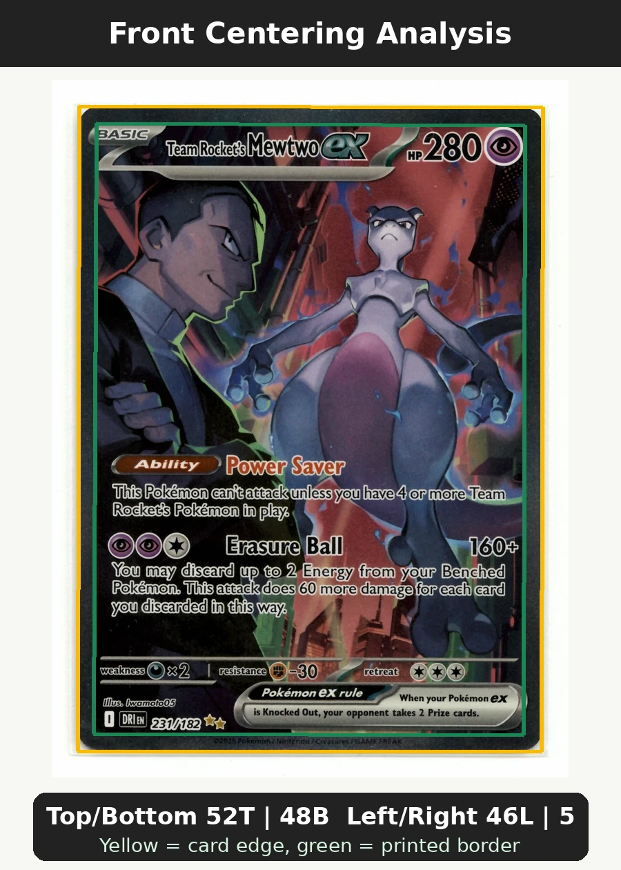 Team Rocket's Mewtwo ex 231/182 Destined Rivals front centering analysis showing Top/Bottom 52T | 48B and Left/Right 46L | 54R.