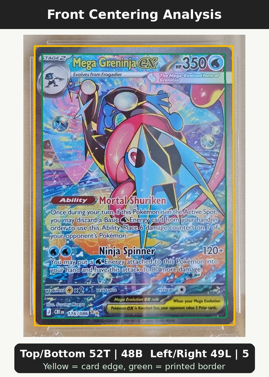 Mega Greninja ex 116/86 Chaos Rising front centering analysis showing Top/Bottom 52T | 48B and Left/Right 49L | 51R.