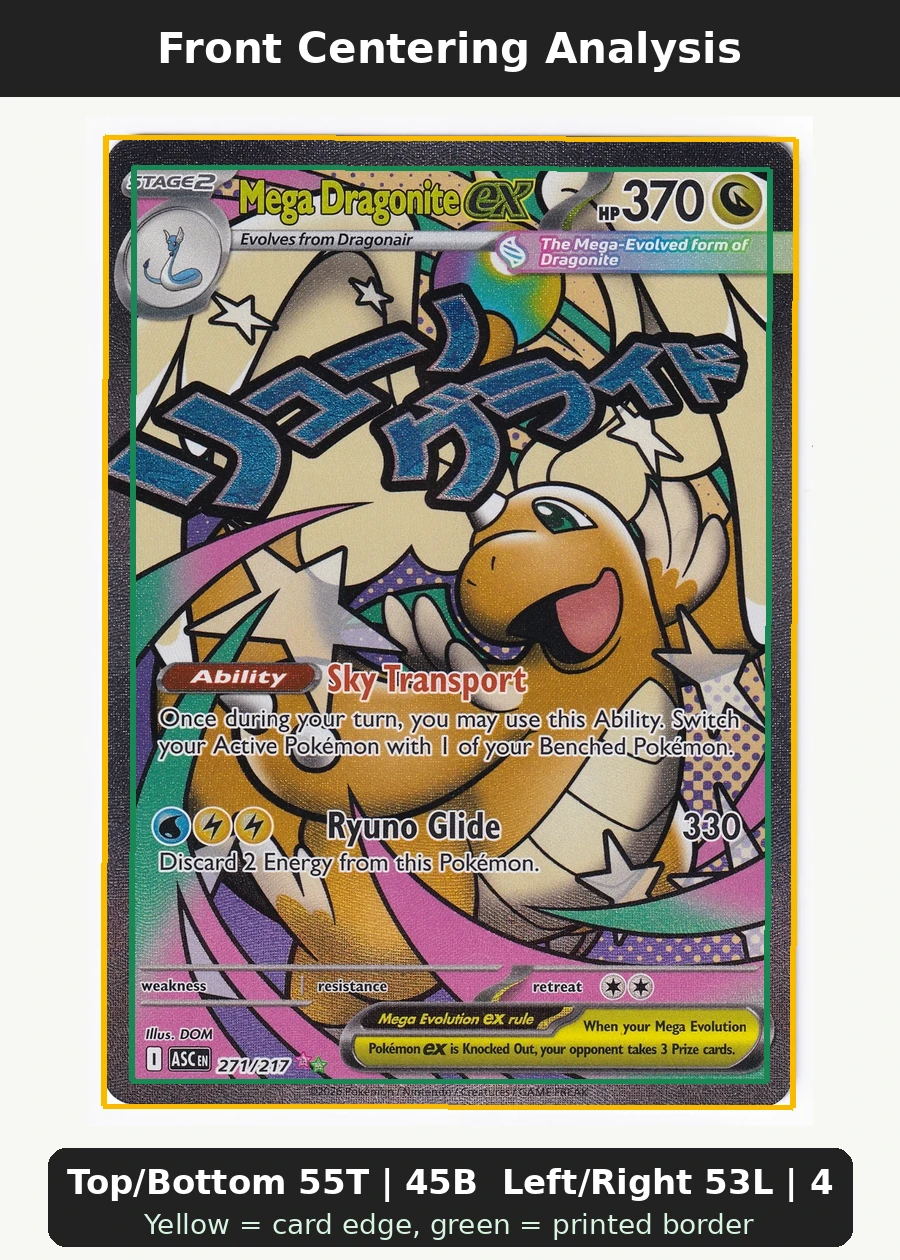 Mega Dragonite ex 271/217 Ascended Heroes front centering analysis showing Top/Bottom 55T | 45B and Left/Right 53L | 47R.