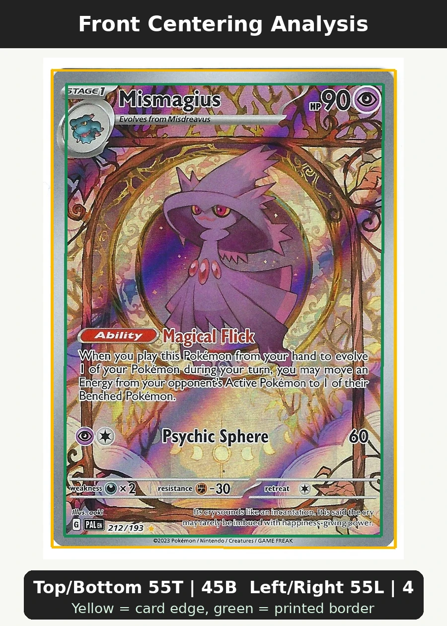 Mismagius 212/193 Paldea Evolved front centering analysis showing Top/Bottom 55T | 45B and Left/Right 55L | 45R.