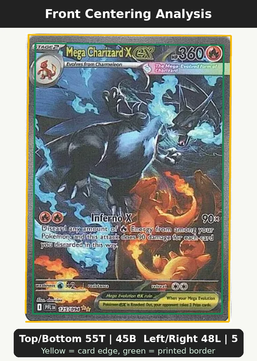 Mega Charizard X ex 125/94 Phantasmal Flames front centering analysis showing Top/Bottom 55T | 45B and Left/Right 48L | 52R.
