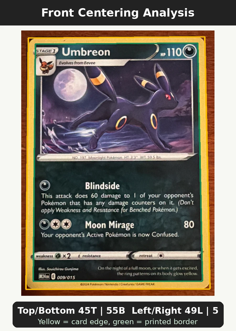 Umbreon 009/15 McDonald's Collection 2024 front centering analysis showing Top/Bottom 45T | 55B and Left/Right 49L | 51R.
