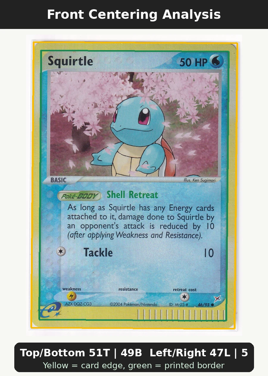 Squirtle 046/95 Team Magma vs Team Aqua front centering analysis showing Top/Bottom 51T | 49B and Left/Right 47L | 53R.