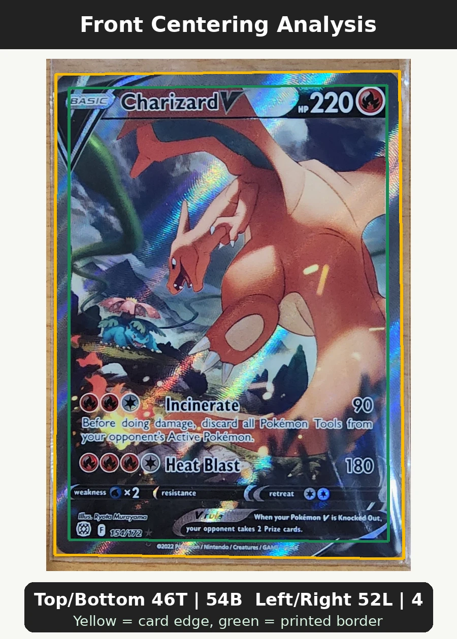 Charizard V 154/172 Brilliant Stars front centering analysis showing Top/Bottom 46T | 54B and Left/Right 52L | 48R.