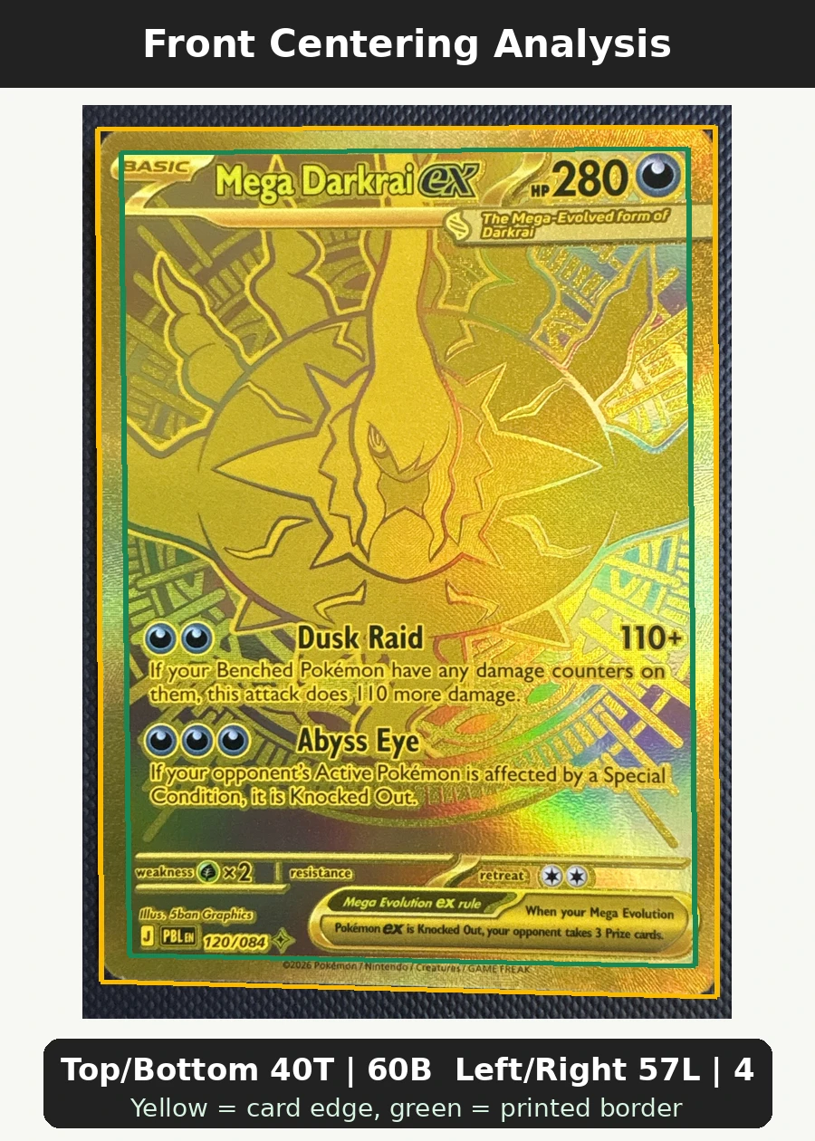 Mega Darkrai ex 120/84 Pitch Black front centering analysis showing Top/Bottom 40T | 60B and Left/Right 57L | 43R.