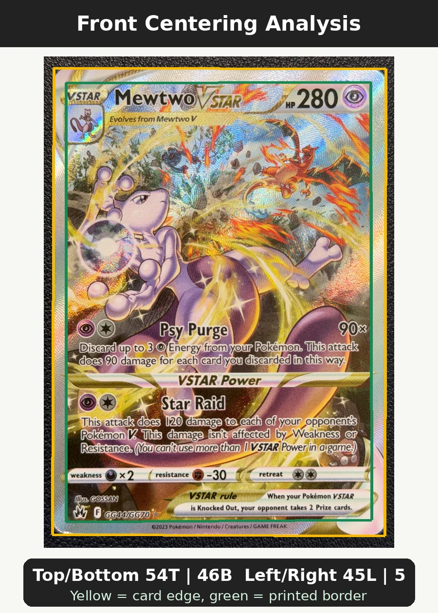 Mewtwo VSTAR GG44/159 Crown Zenith front centering analysis showing Top/Bottom 54T | 46B and Left/Right 45L | 55R.