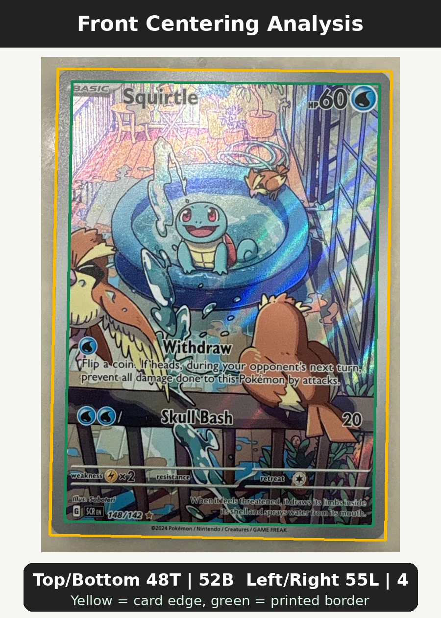 Squirtle 148/142 Stellar Crown front centering analysis showing Top/Bottom 48T | 52B and Left/Right 55L | 45R.