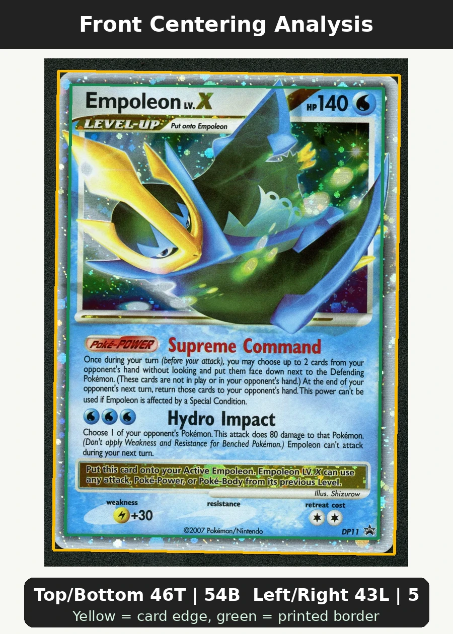 Empoleon DP11/56 DP Black Star Promos front centering analysis showing Top/Bottom 46T | 54B and Left/Right 43L | 57R.