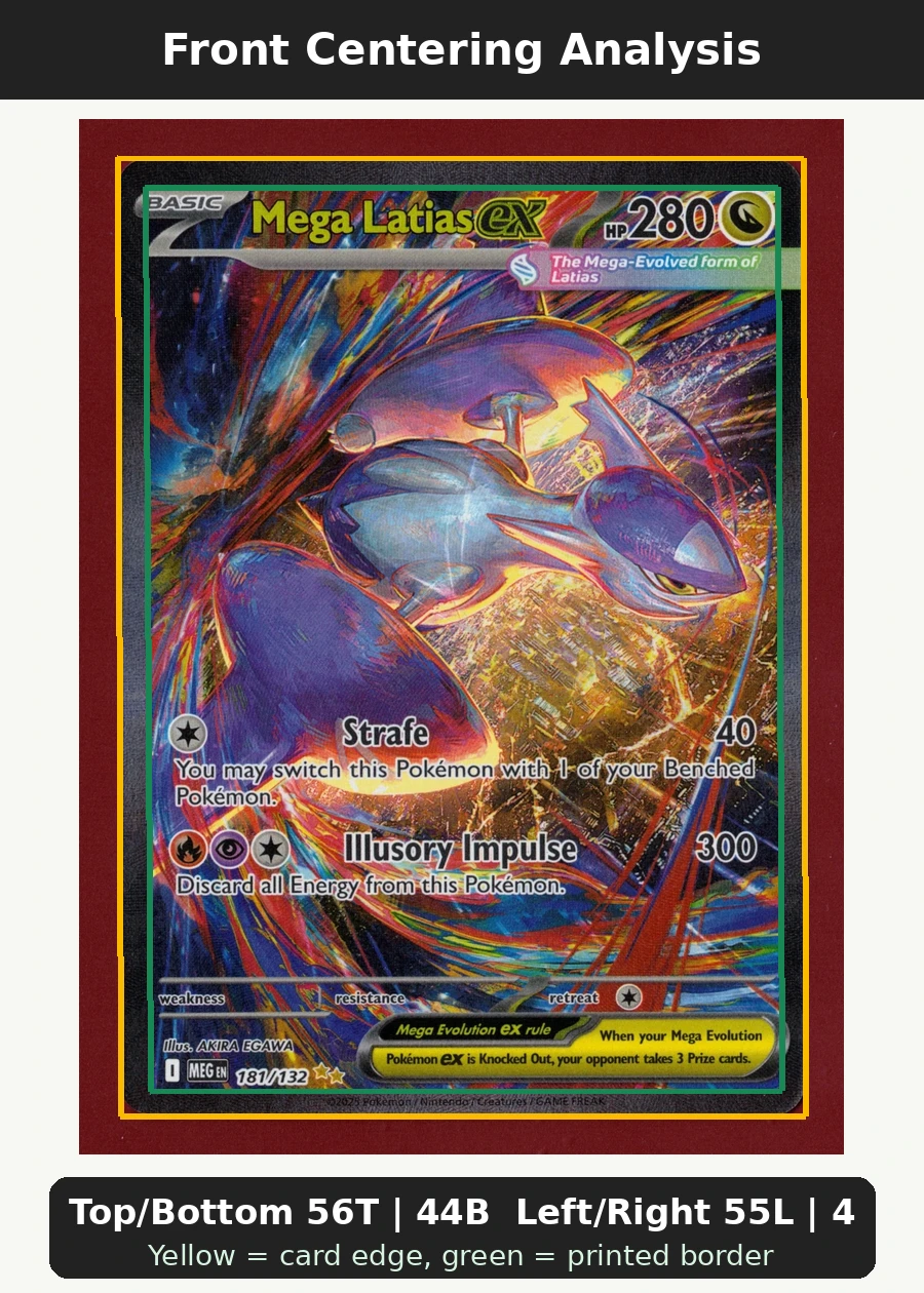 Mega Latias ex 181/132 Mega Evolution front centering analysis showing Top/Bottom 56T | 44B and Left/Right 55L | 45R.