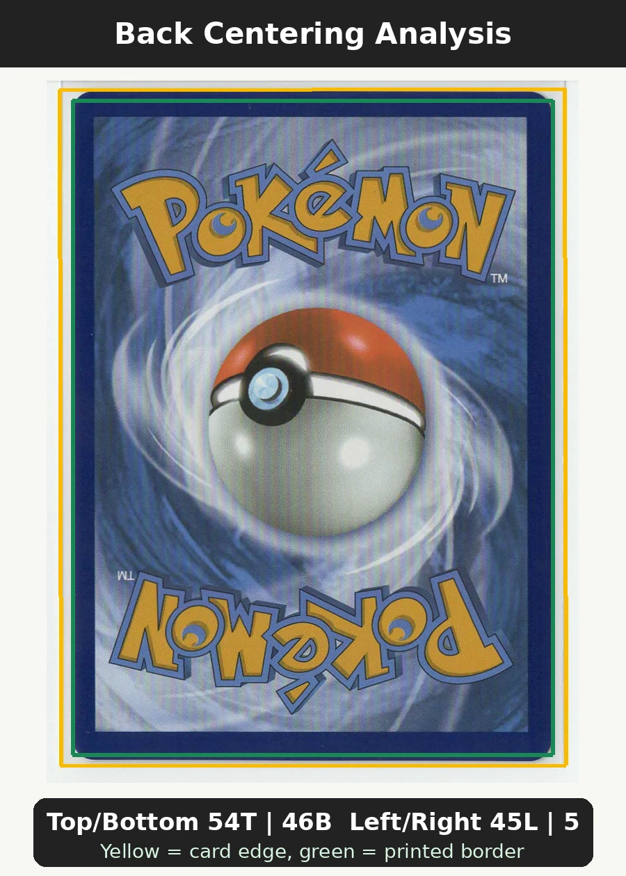 Pikachu ex 238/191 Surging Sparks back centering analysis showing Top/Bottom 54T | 46B and Left/Right 45L | 55R.