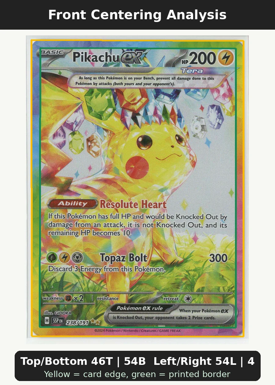Pikachu ex 238/191 Surging Sparks front centering analysis showing Top/Bottom 46T | 54B and Left/Right 54L | 46R.