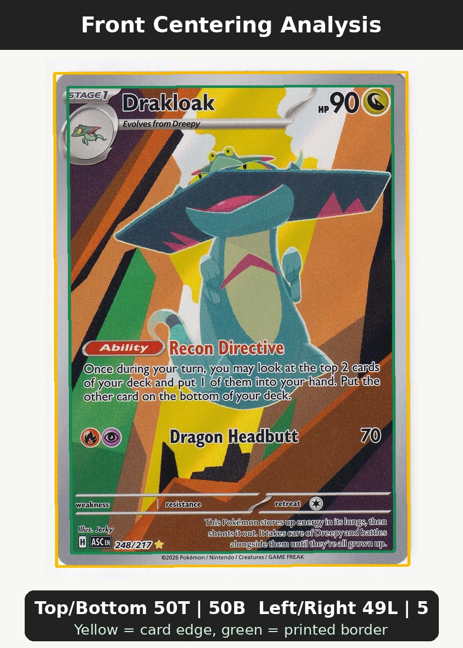 Drakloak 248/217 Ascended Heroes front centering analysis showing Top/Bottom 50T | 50B and Left/Right 49L | 51R.