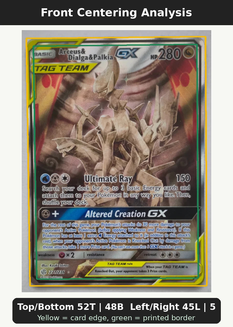 Arceus & Dialga & Palkia GX 221/236 Cosmic Eclipse front centering analysis showing Top/Bottom 52T | 48B and Left/Right 45L | 55R.