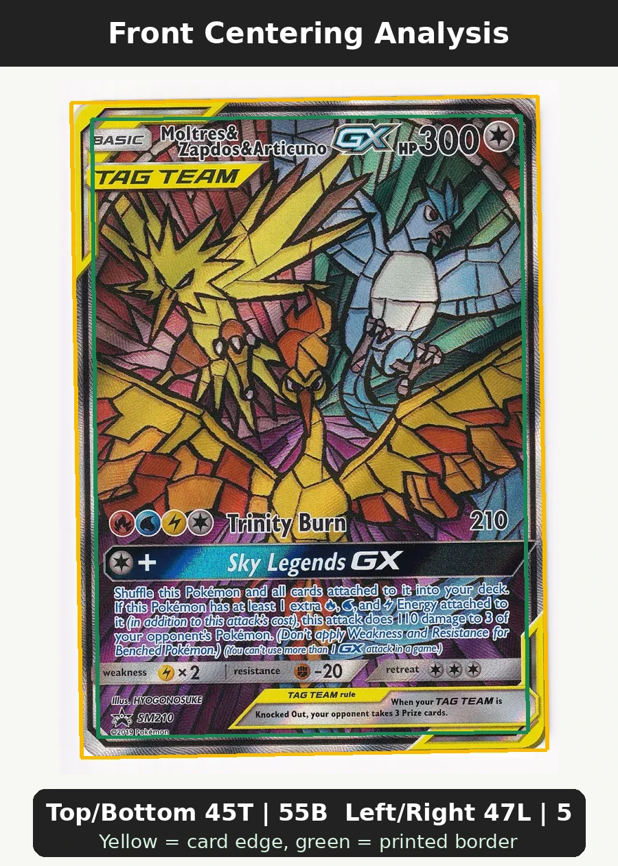 Moltres & Zapdos & Articuno GX SM210/248 SM Black Star Promos front centering analysis showing Top/Bottom 45T | 55B and Left/Right 47L | 53R.