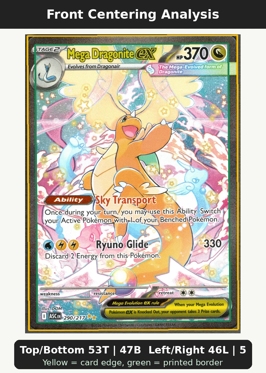 Mega Dragonite ex 290/217 Ascended Heroes front centering analysis showing Top/Bottom 53T | 47B and Left/Right 46L | 54R.