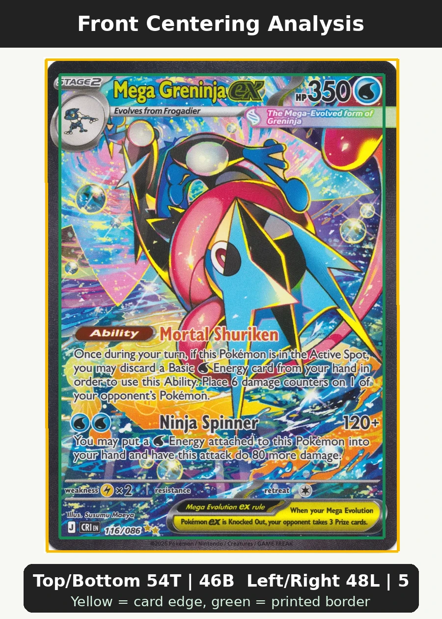 Mega Greninja ex 122/86 Chaos Rising front centering analysis showing Top/Bottom 54T | 46B and Left/Right 48L | 52R.