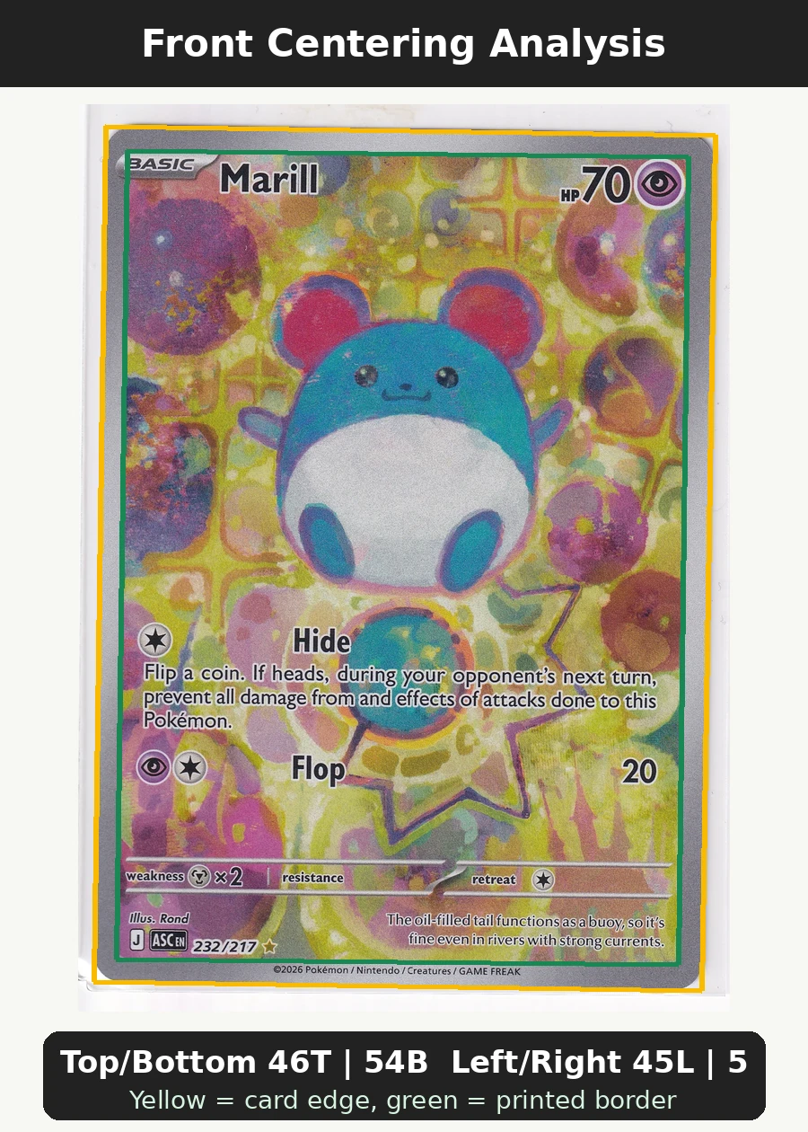 Marill 232/217 Ascended Heroes front centering analysis showing Top/Bottom 46T | 54B and Left/Right 45L | 55R.