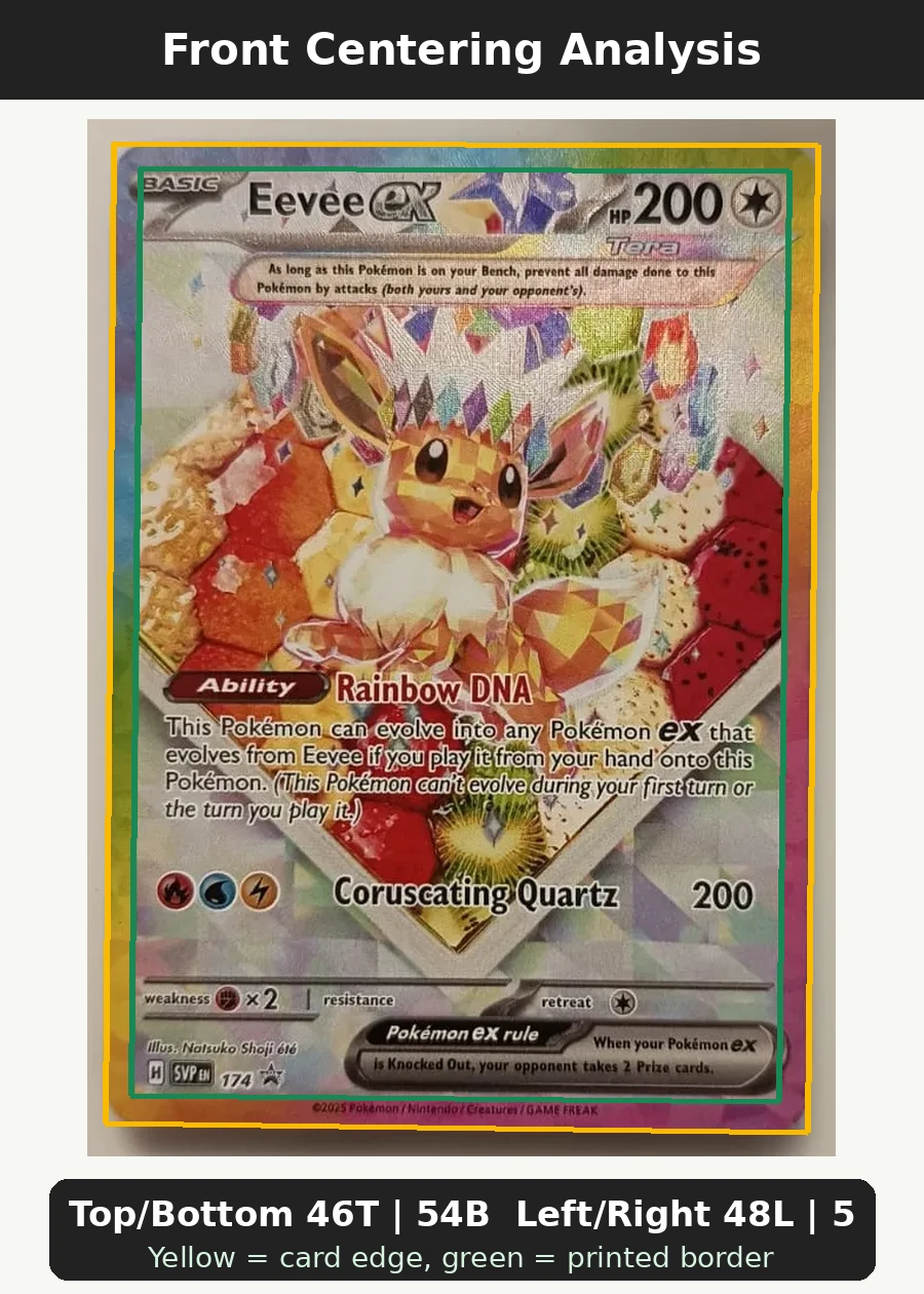 Eevee ex 174/225 SVP Black Star Promos front centering analysis showing Top/Bottom 46T | 54B and Left/Right 48L | 52R.