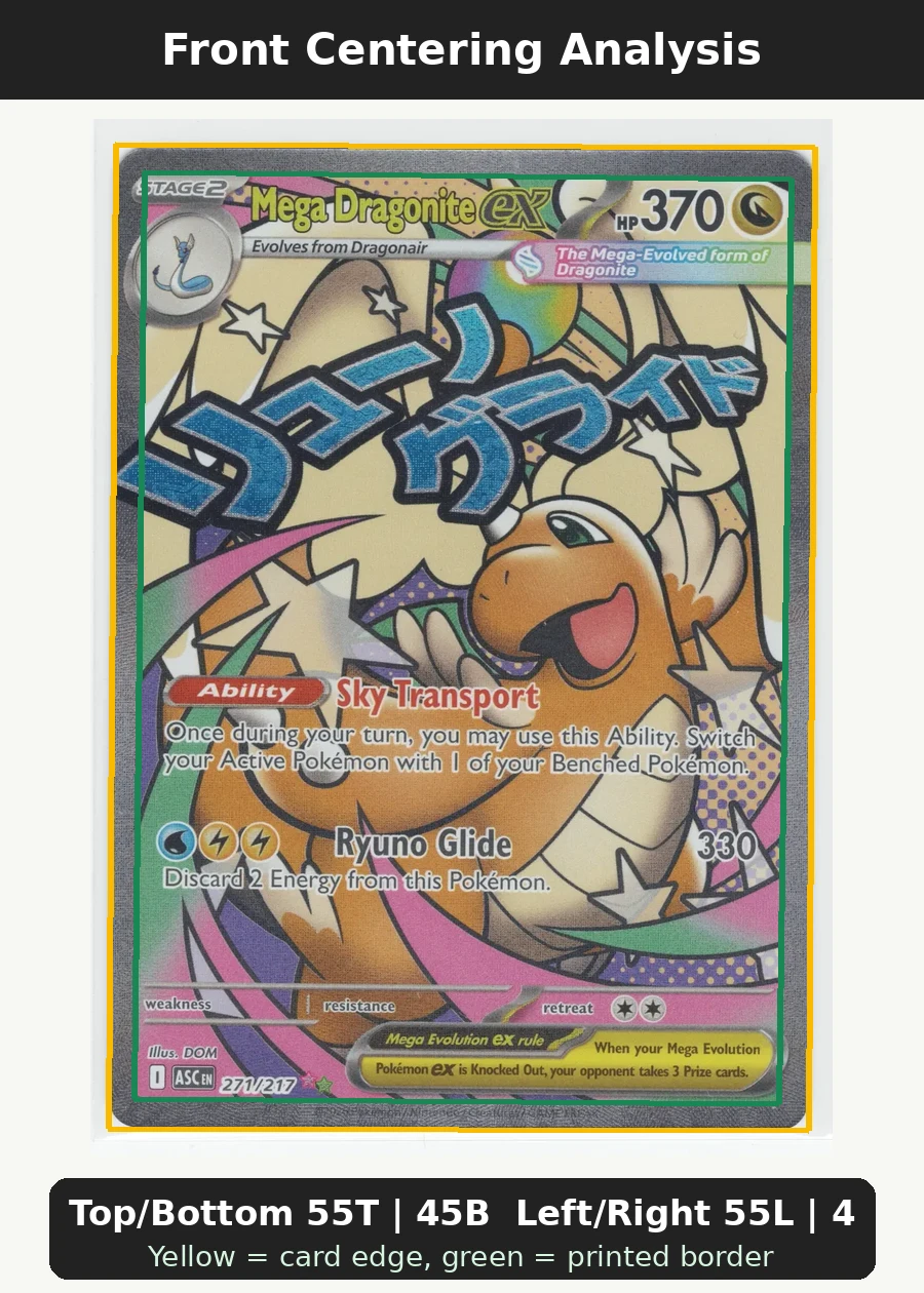 Mega Dragonite ex 271/217 Ascended Heroes front centering analysis showing Top/Bottom 55T | 45B and Left/Right 55L | 45R.