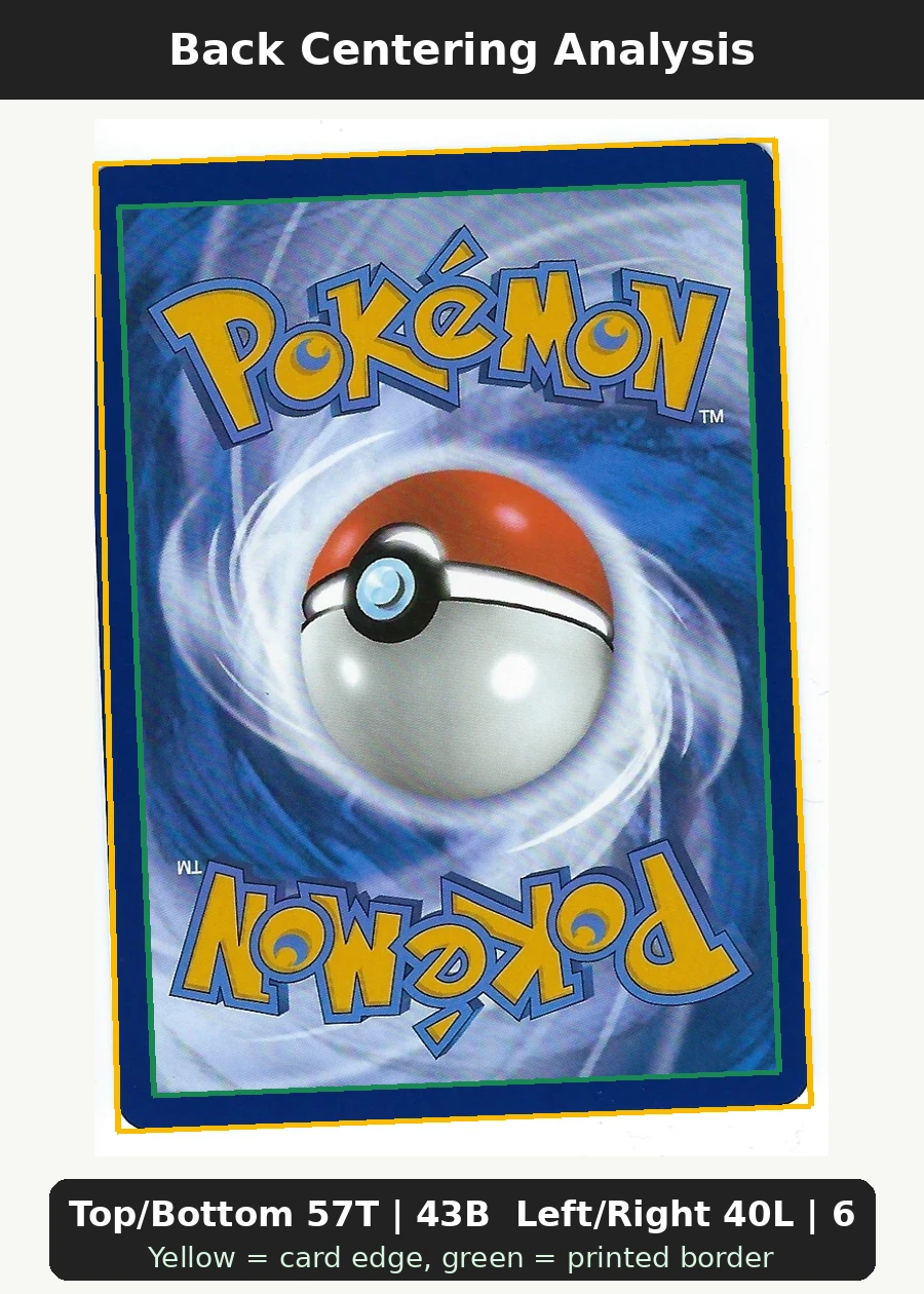 Zorua 142/86 White Flare back centering analysis showing Top/Bottom 57T | 43B and Left/Right 40L | 60R.