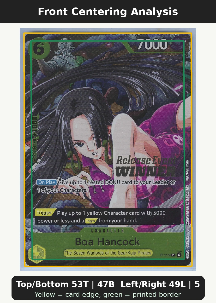 Boa Hancock P-115 - Winner One Piece Promotion Cards front centering analysis showing Top/Bottom 53T | 47B and Left/Right 49L | 51R.