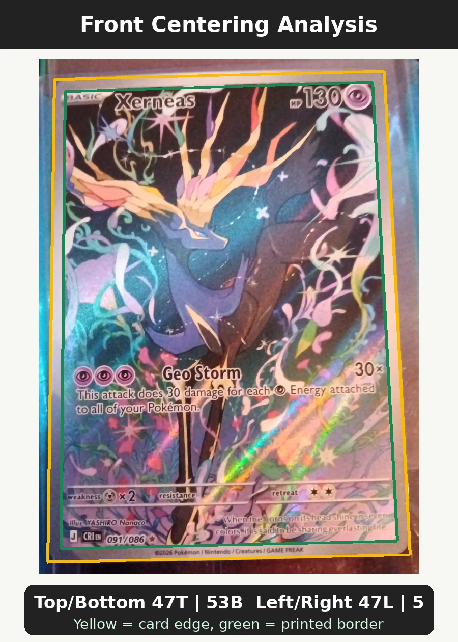 Xerneas 091/86 Chaos Rising front centering analysis showing Top/Bottom 47T | 53B and Left/Right 47L | 53R.