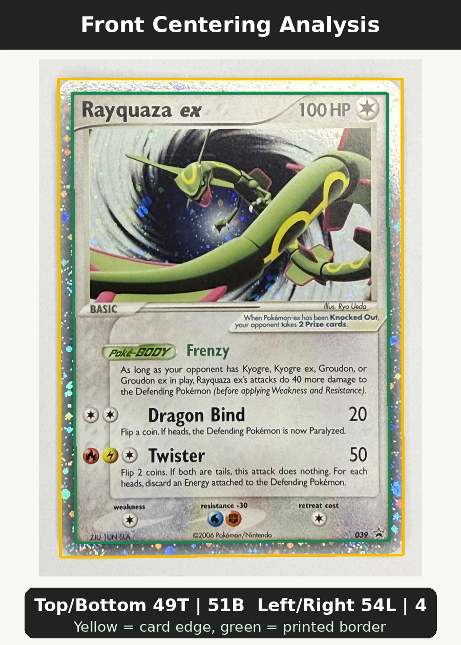 Rayquaza ex 039/40 Nintendo Black Star Promos front centering analysis showing Top/Bottom 49T | 51B and Left/Right 54L | 46R.