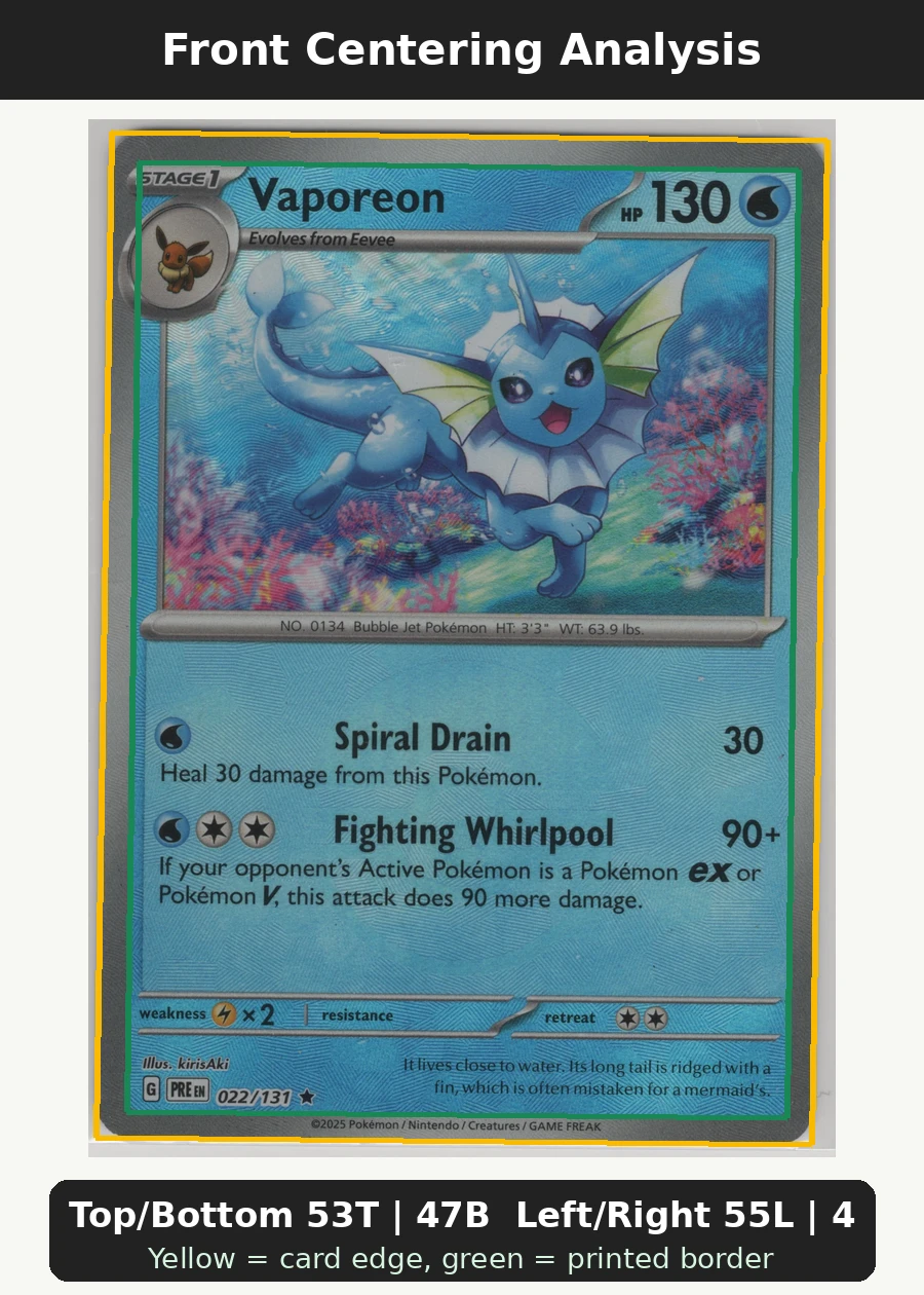 Vaporeon 022/131 (Pokeball Holo) Prismatic Evolutions front centering analysis showing Top/Bottom 53T | 47B and Left/Right 55L | 45R.
