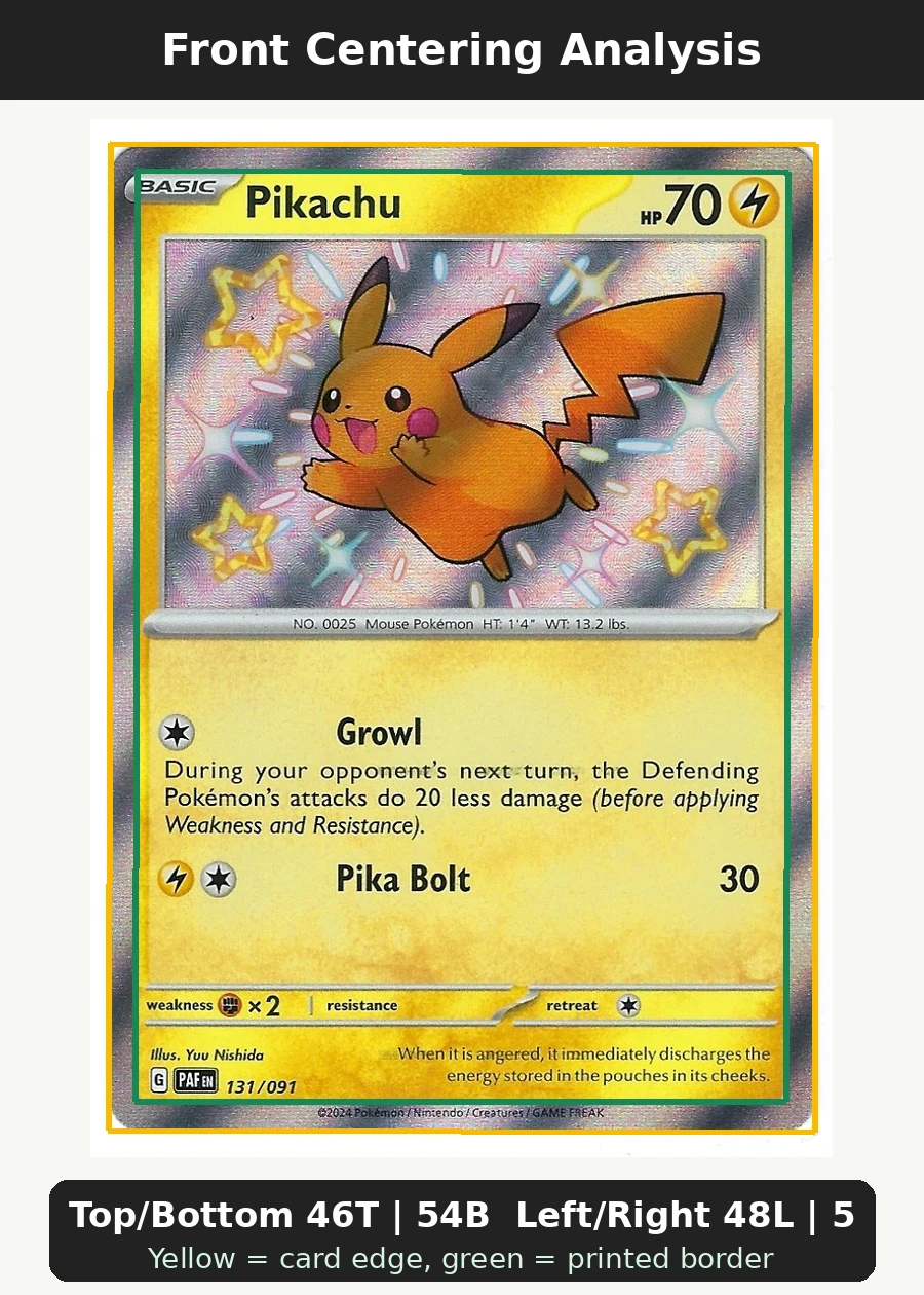 Pikachu 131/91 Paldean Fates front centering analysis showing Top/Bottom 46T | 54B and Left/Right 48L | 52R.