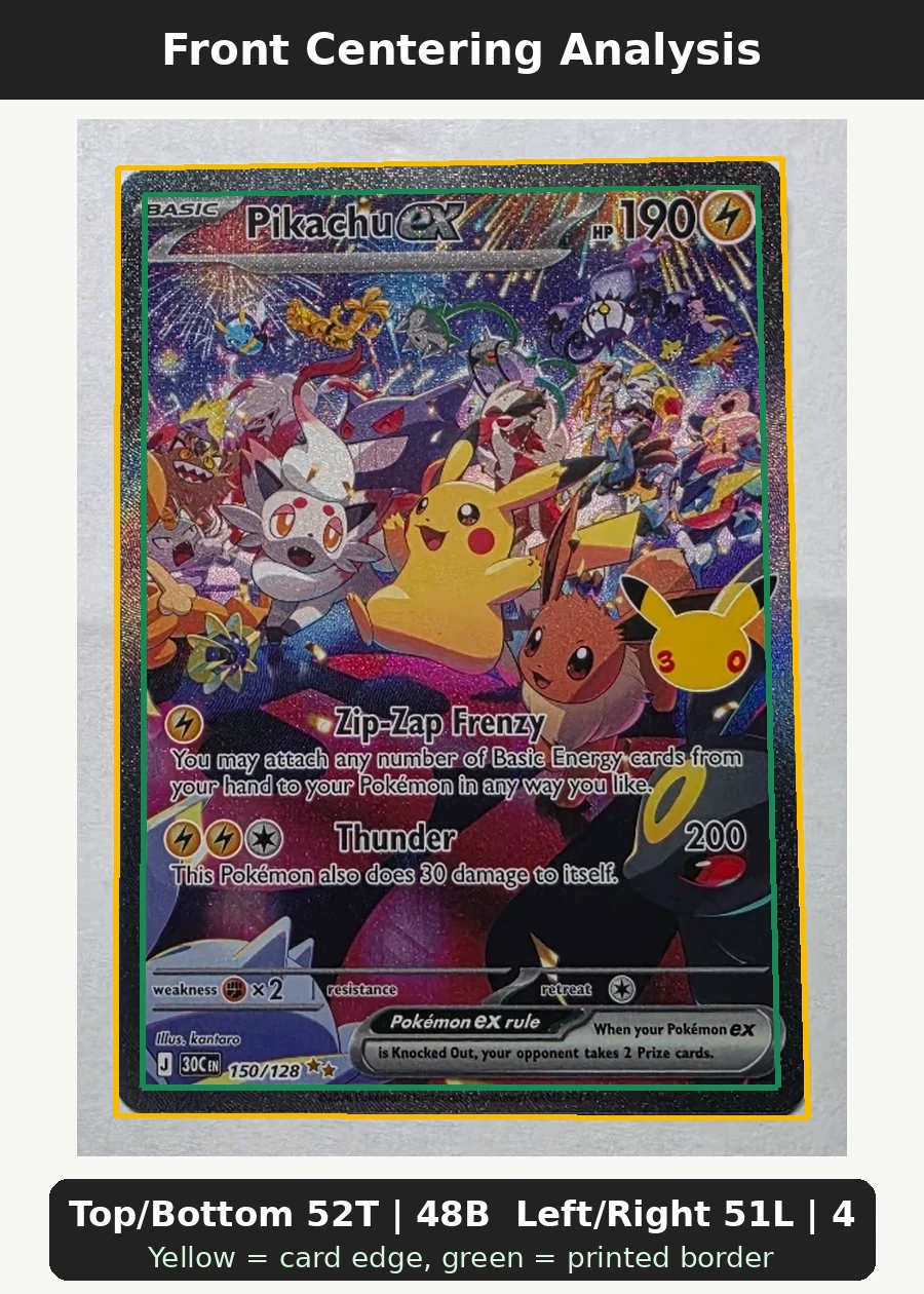 Pikachu ex 150/128 30th Celebration front centering analysis showing Top/Bottom 52T | 48B and Left/Right 51L | 49R.