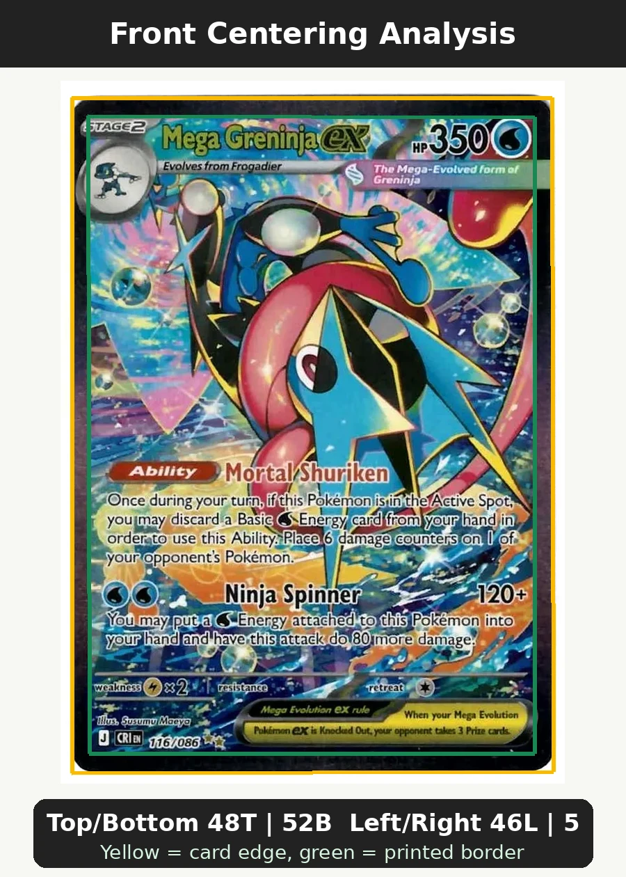 Mega Greninja ex 116/86 Chaos Rising front centering analysis showing Top/Bottom 48T | 52B and Left/Right 46L | 54R.