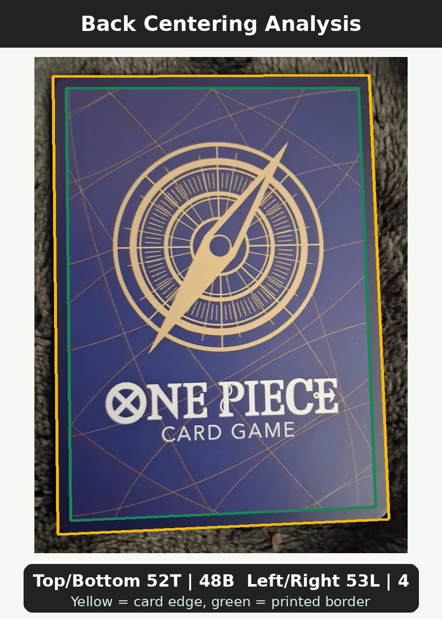 Roronoa Zoro OP09-076 One Piece Promotion Cards back centering analysis showing Top/Bottom 52T | 48B and Left/Right 53L | 47R.