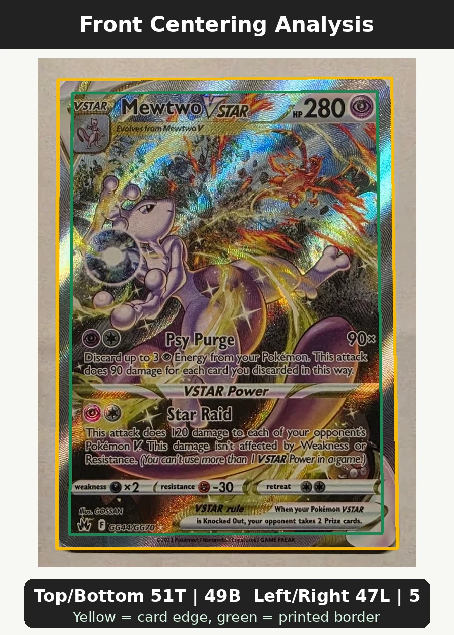 Mewtwo VSTAR GG44/159 Crown Zenith front centering analysis showing Top/Bottom 51T | 49B and Left/Right 47L | 53R.